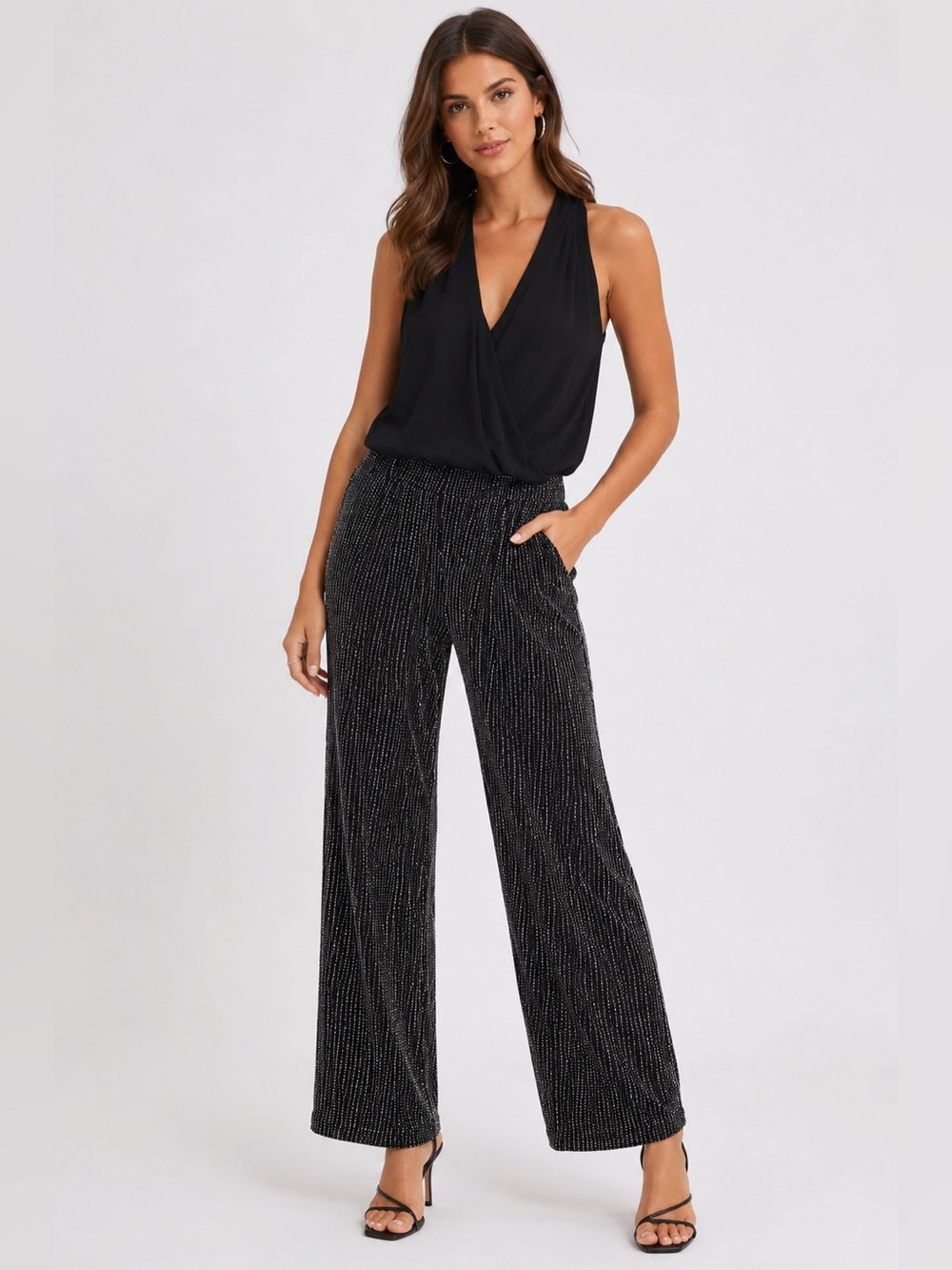 KRISA Revolve Metallic Ribbed Wide Leg Evening Pants XS Black Silver Shimmer